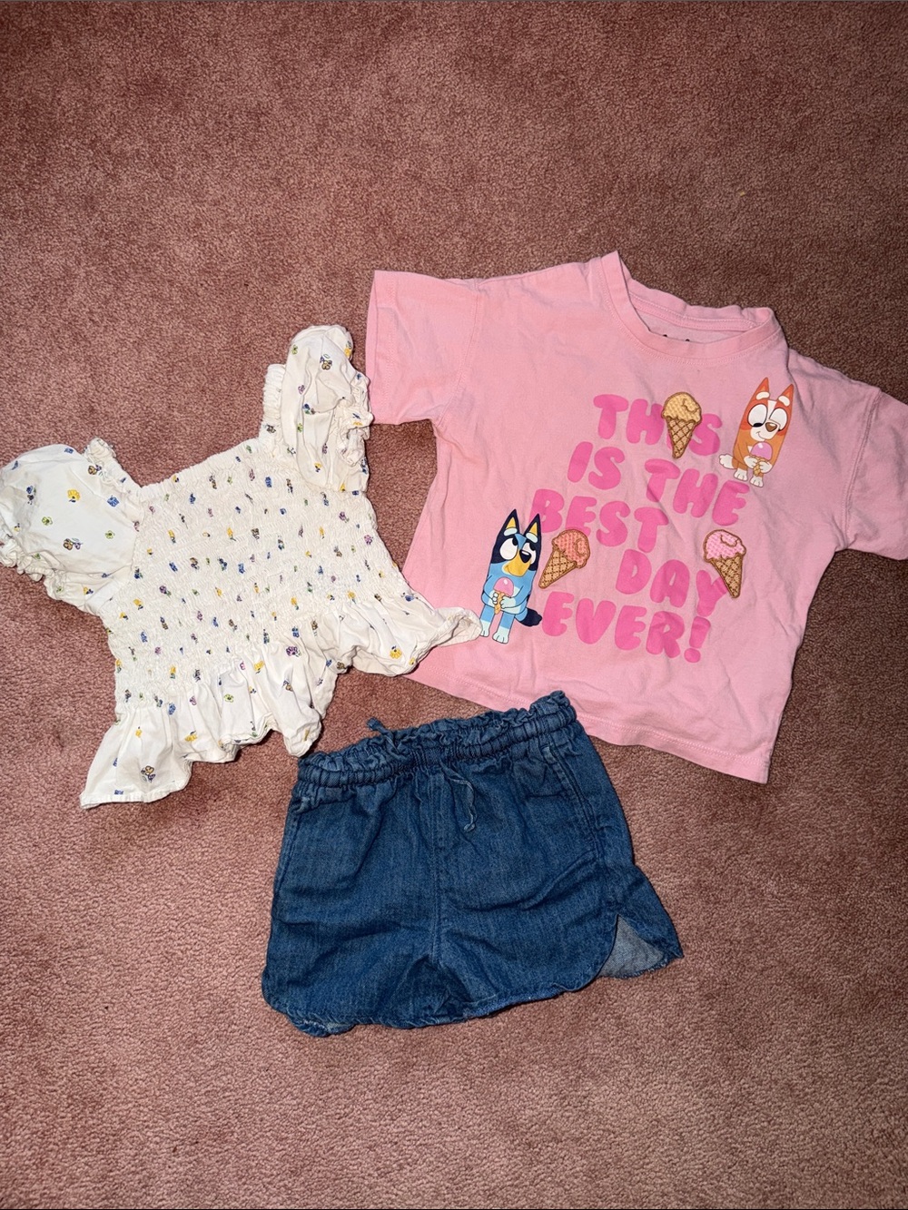 Pink 'This Is The Best Day Ever' Cartoon Tee + Floral Top + Denim Short Set
